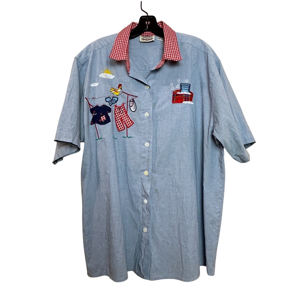 Vintage Shirt Womens 20W Blue Gingham Collar Laundry Embroidered Cottagecore